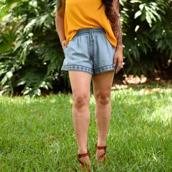 Embroidered Chambray Shorts - Picture 2 of 5